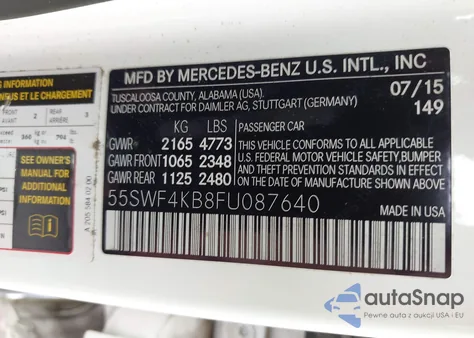 2015 Mercedes-Benz C 300 4Matic из США, поврежденный, VIN 55SWF4KB8FU087640